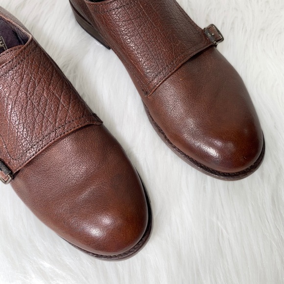 SOLD-Frye Leather Womens Buckled Oxford Flats, Menswear-Inspired Cognac Loafer - Picture 3 of 13